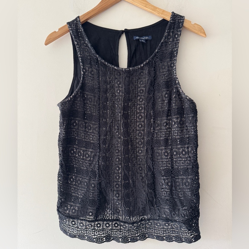 American Eagle Outfitters Black Crochet Floral Lace Tank Top